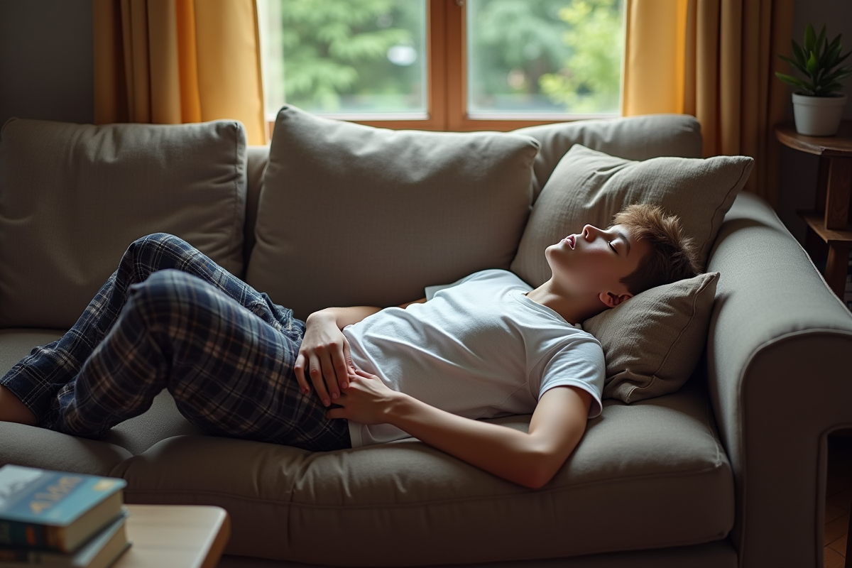 Adolescent dormant sur un canapé dans un salon cosy