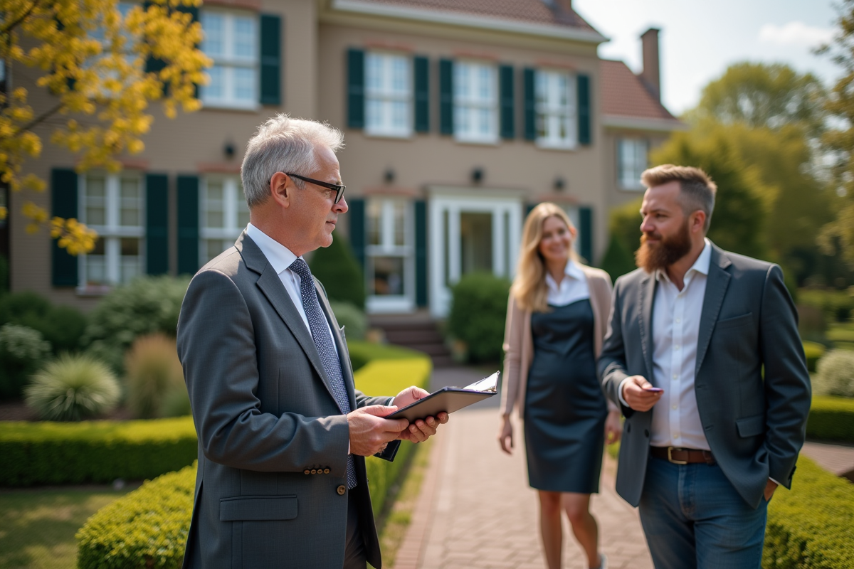 Agent immobilier explique des points à une famille devant la maison