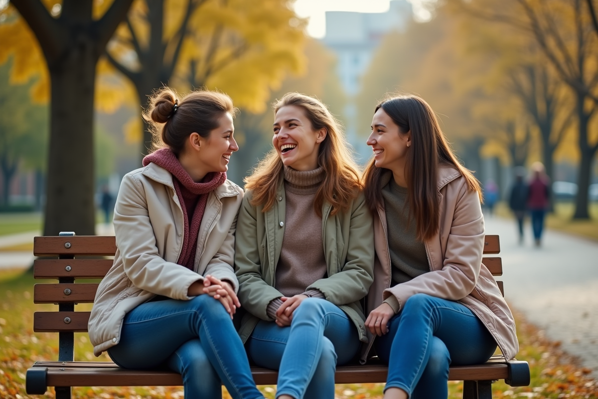 Trois amis souriants assis sur un banc dans un parc