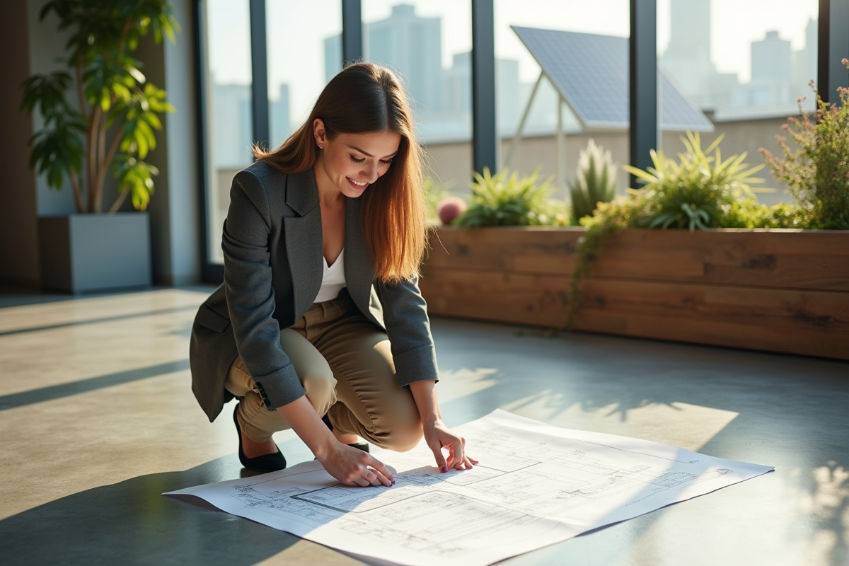 Jeune architecte consulte plans dans bureau moderne lumineux