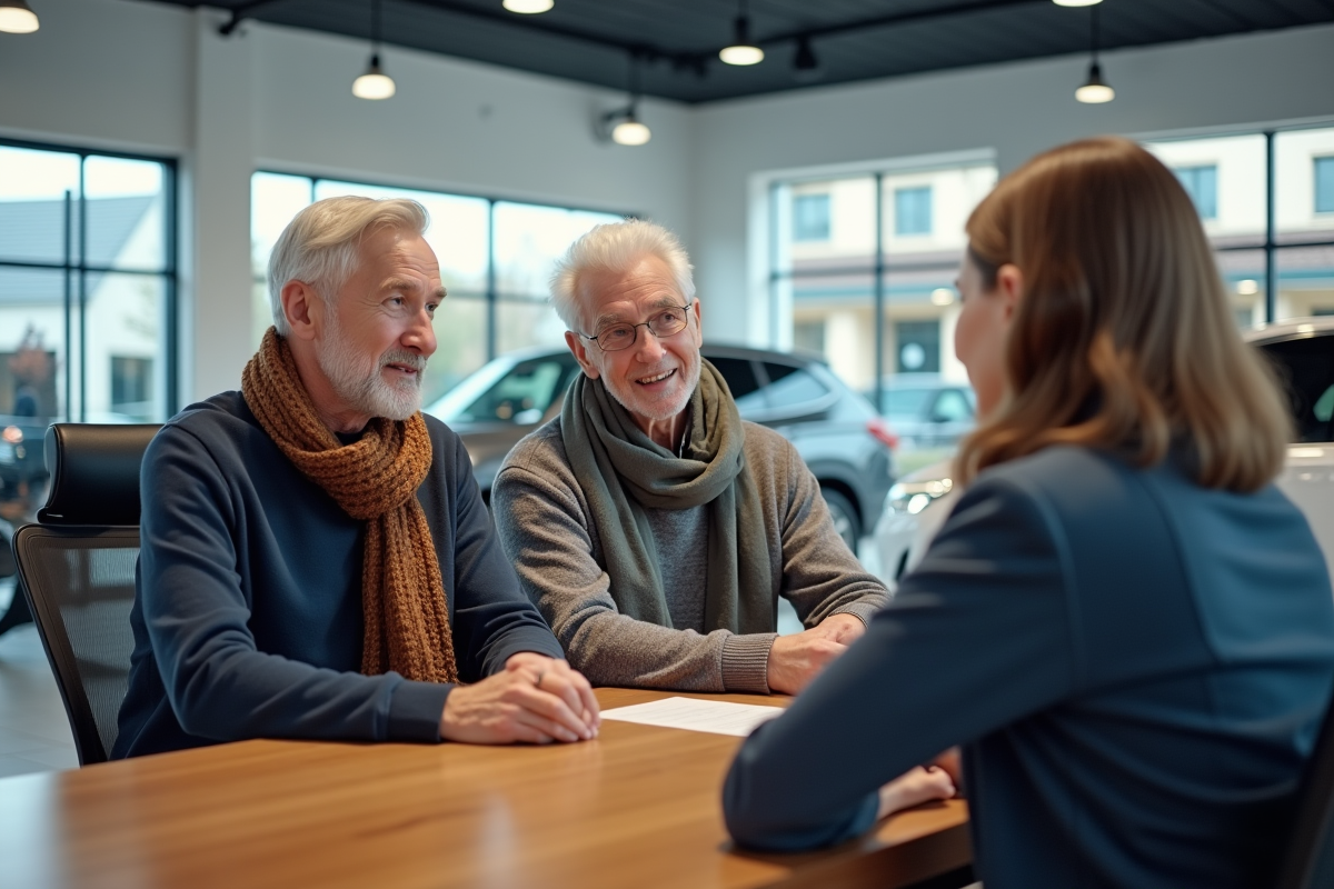 Couple discutant avec un vendeur dans un showroom de voitures hybrides