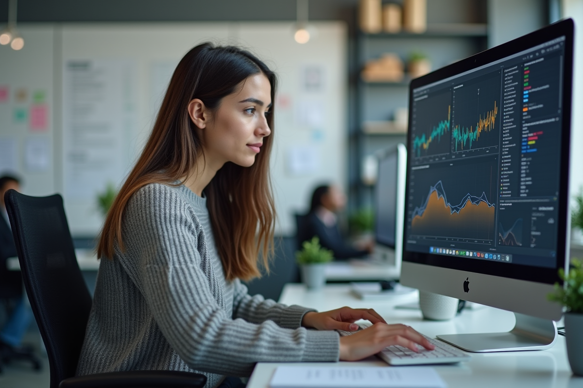 Jeune femme développeuse blockchain travaillant sur ordinateur