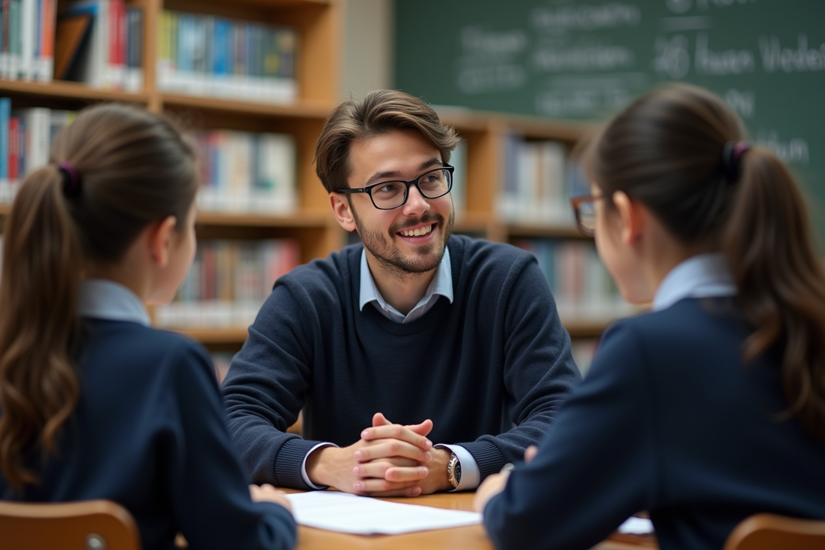 Jeune enseignant discutant avec deux élèves dans une bibliothèque