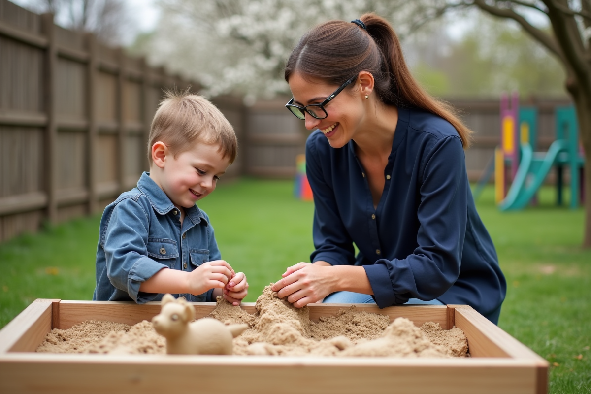 Enseignante aidant un enfant à jouer dans le bac à sable