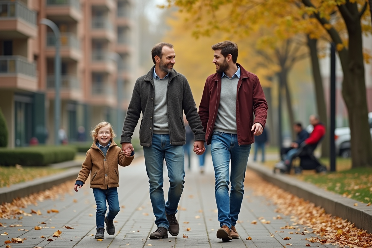 Deux hommes avec enfants dans un parc en automne