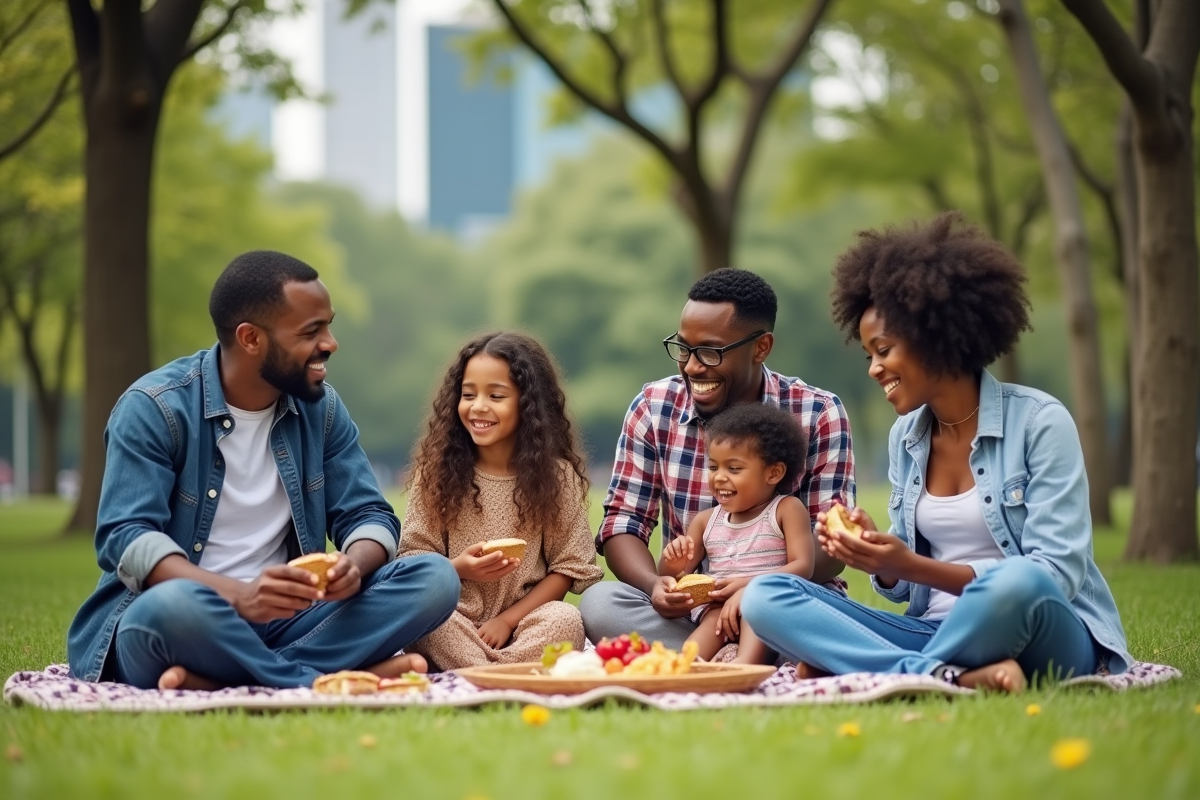 Famille diverse profitant d