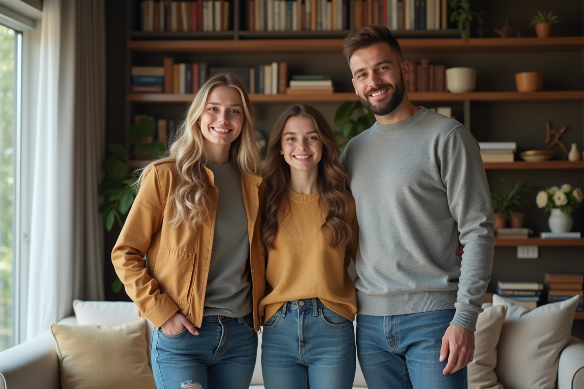 Une mère et sa fille avec un nouveau mari dans un salon cosy
