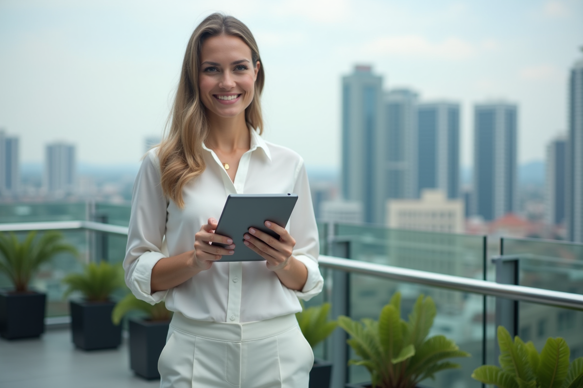 Jeune femme sur un toit avec un graphique en croissance