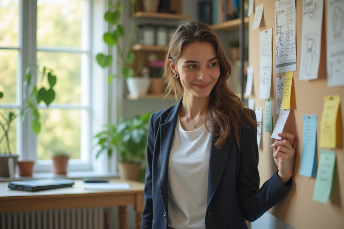 Femme en brainstorming dans un bureau lumineux