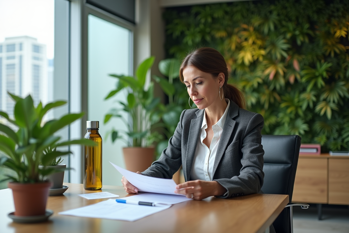 Femme professionnelle examinant des papiers dans un bureau moderne avec plantes