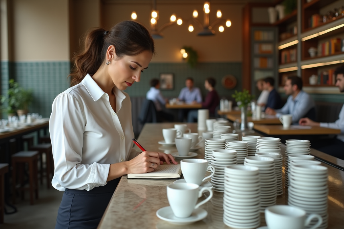 Femme prenant des notes devant une multitude de tasses espresso