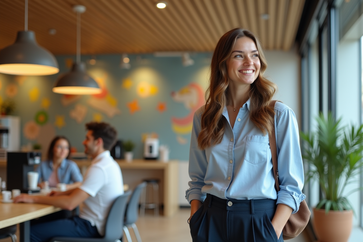 Jeune femme souriante discutant avec un collègue dans une salle de pause moderne