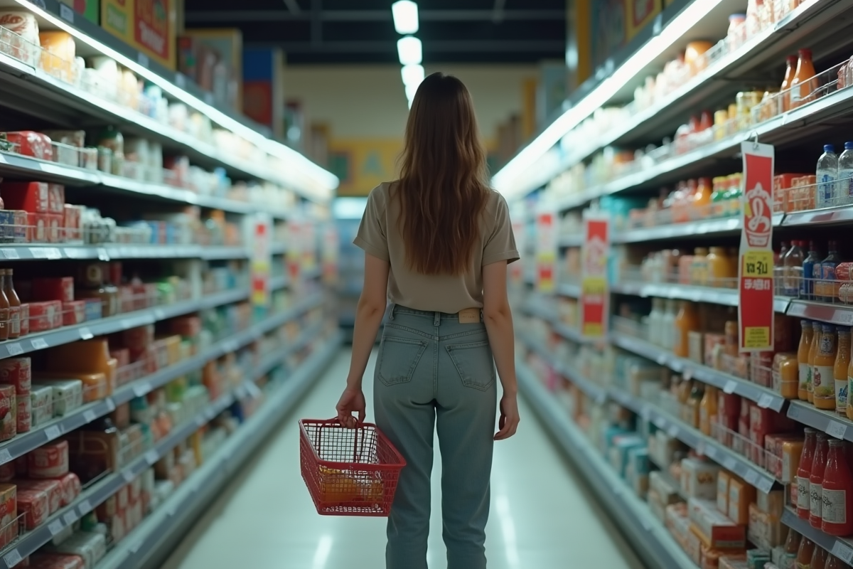 Jeune femme devant rayons de supermarché presque vides
