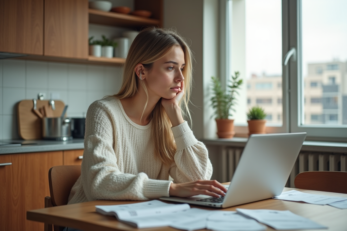 Jeune femme regardant ses reçus de courses à la maison