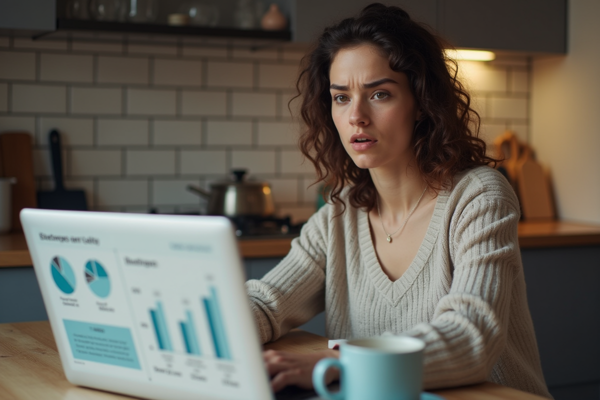 Jeune femme en cuisine regardant des graphiques de prêt immobilier