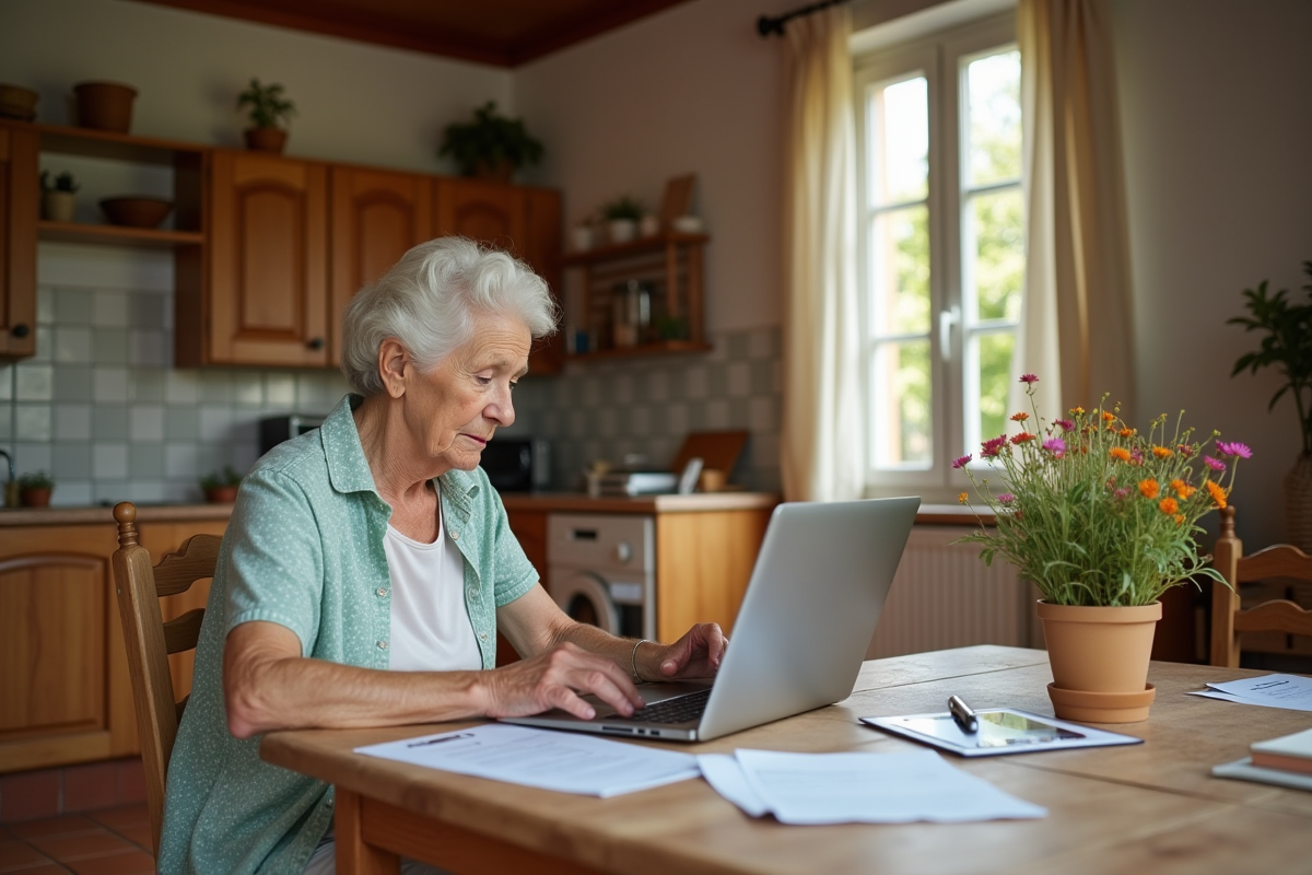 Femme âgée concentrée à la cuisine avec papiers et laptop