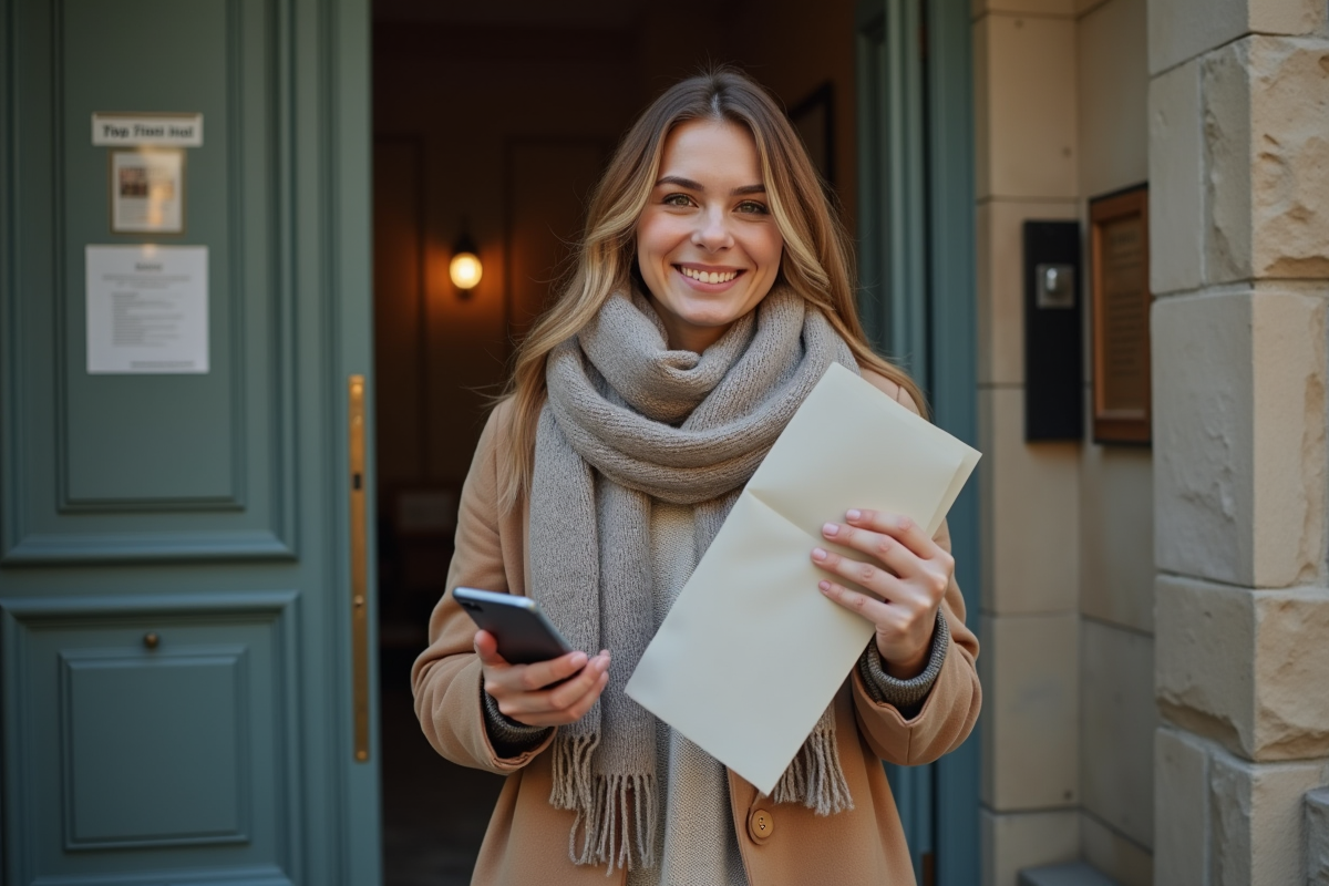 Jeune femme sortant de la mairie avec une lettre officielle