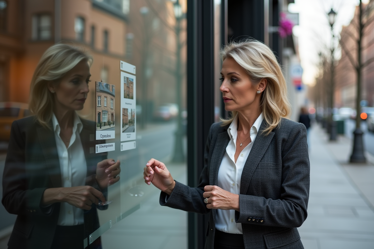 Femme professionnelle regardant une annonce immobiliere