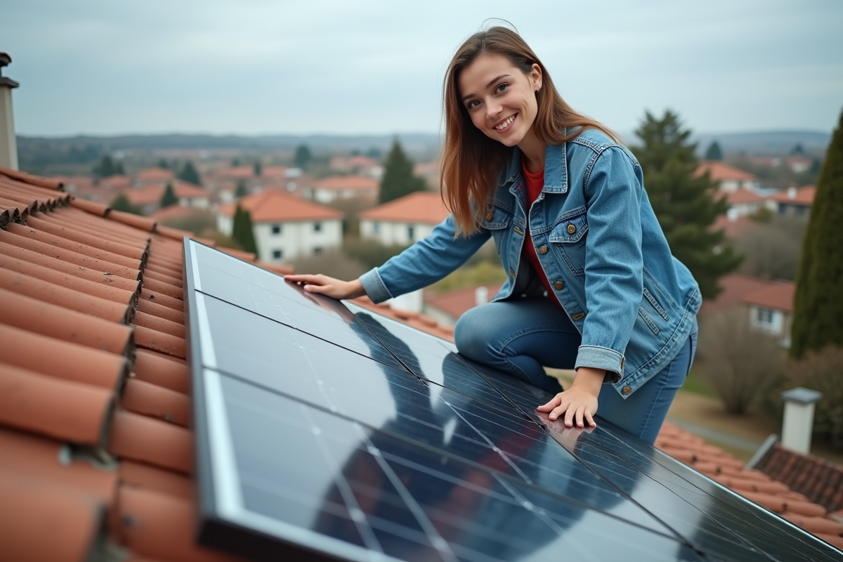 Jeune femme ajustant un panneau solaire sur le toit de sa maison