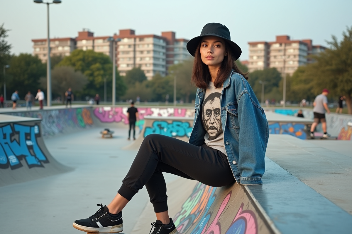Femme en streetwear dans un skate park coloré