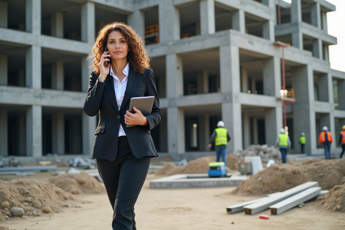 Femme en extérieur parlant au téléphone sur un chantier
