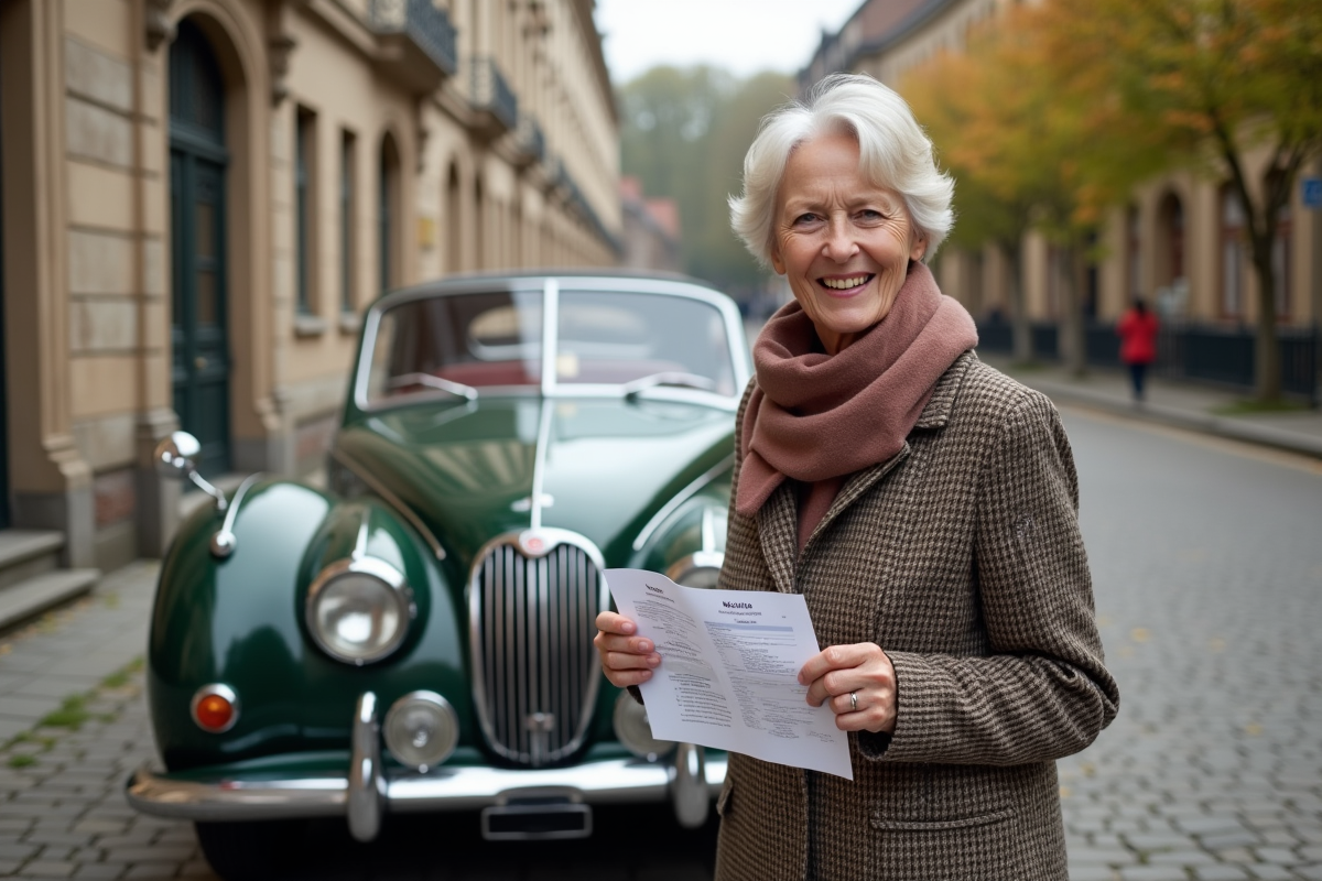 Femme souriante présentant un document devant une voiture ancienne