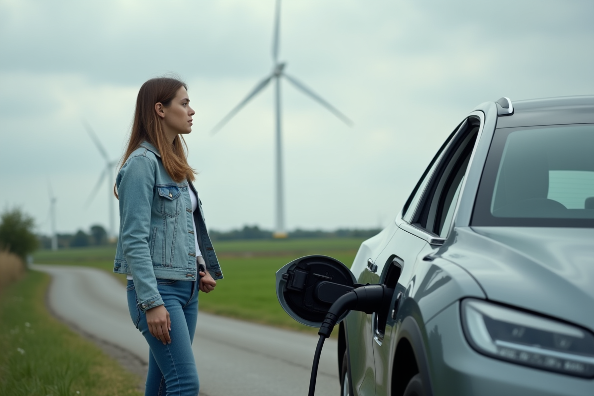 Jeune femme regardant une voiture électrique en campagne