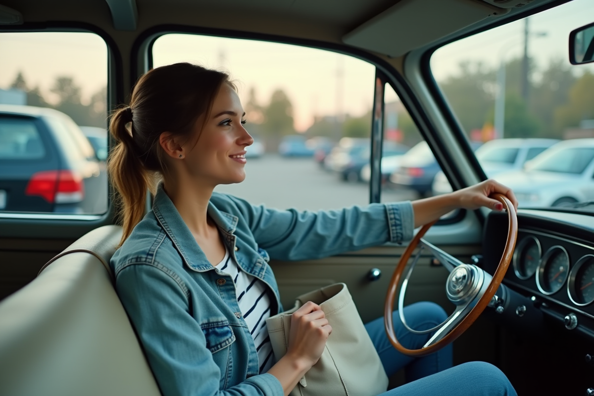 Femme dans une voiture compacte en ville au moment de charger un sac