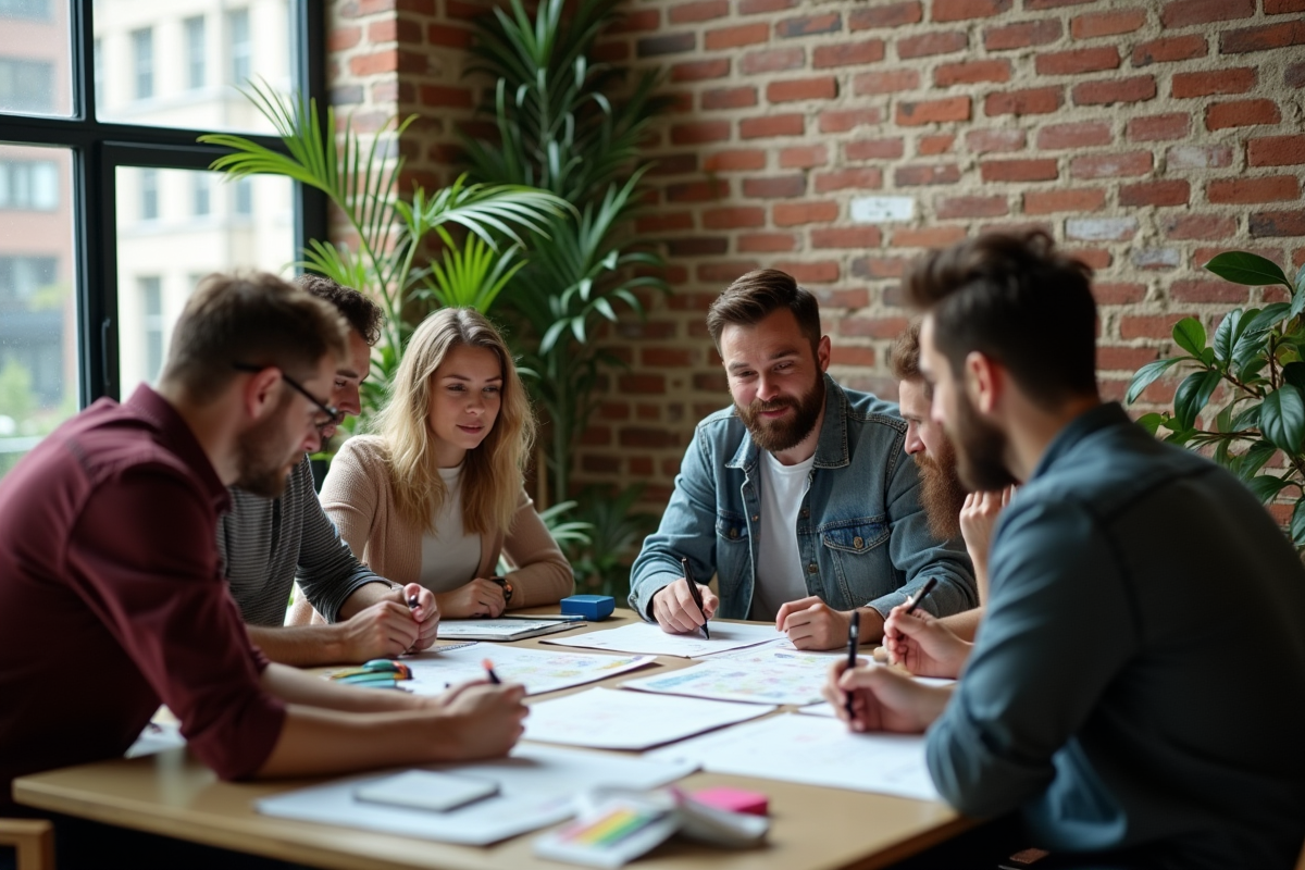 Groupe diversifié en discussion dans un espace de coworking
