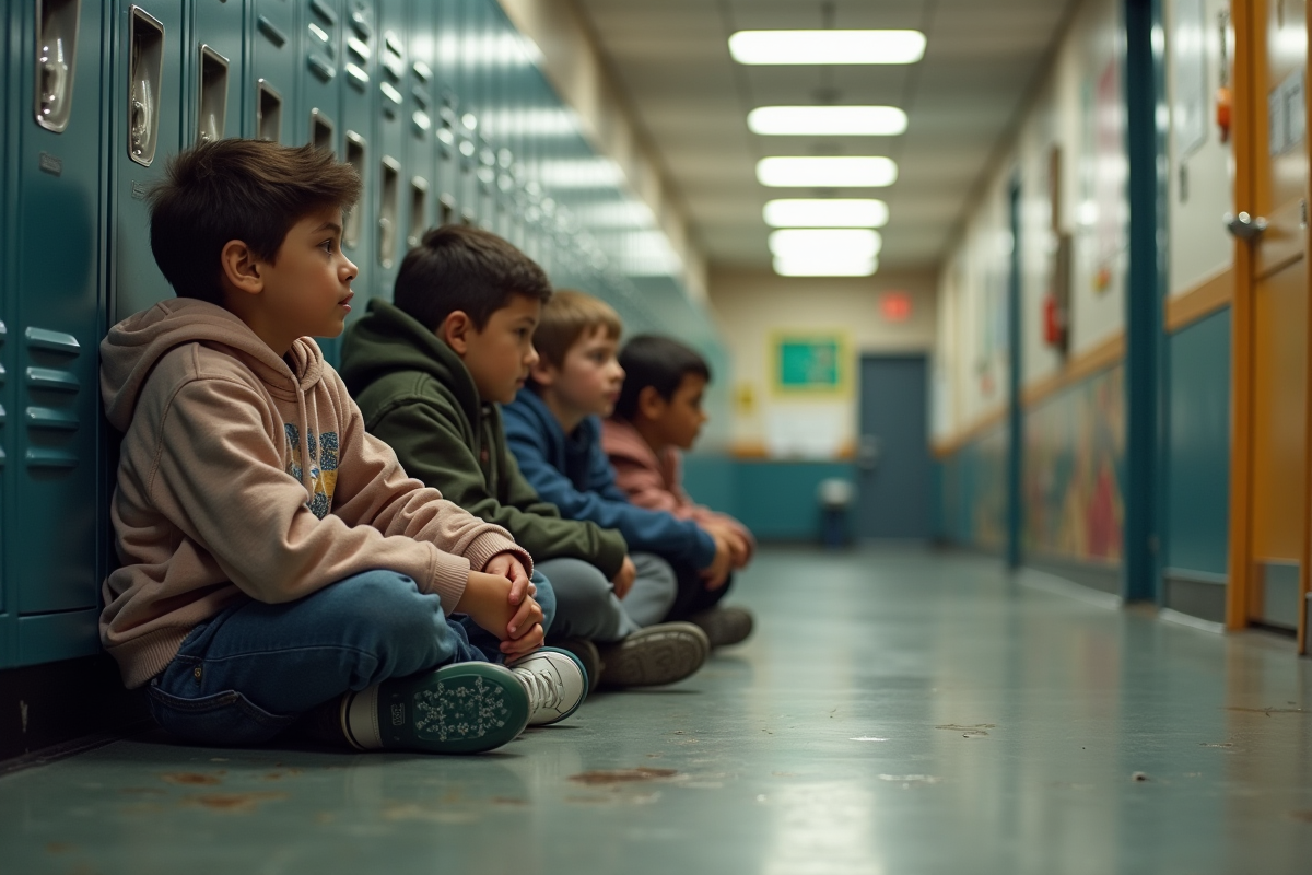 Groupe d enfants assis dans un couloir d école avec casiers