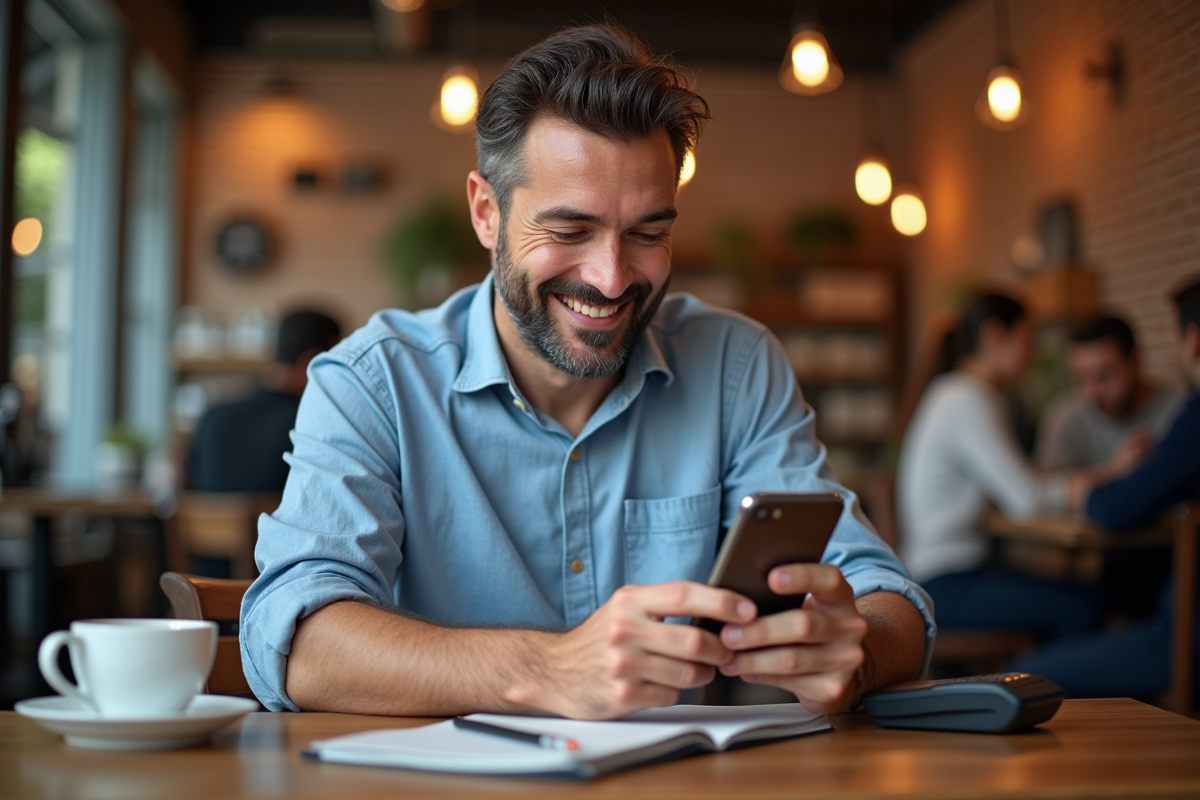 Homme d age moyen utilisant une application bancaire au café