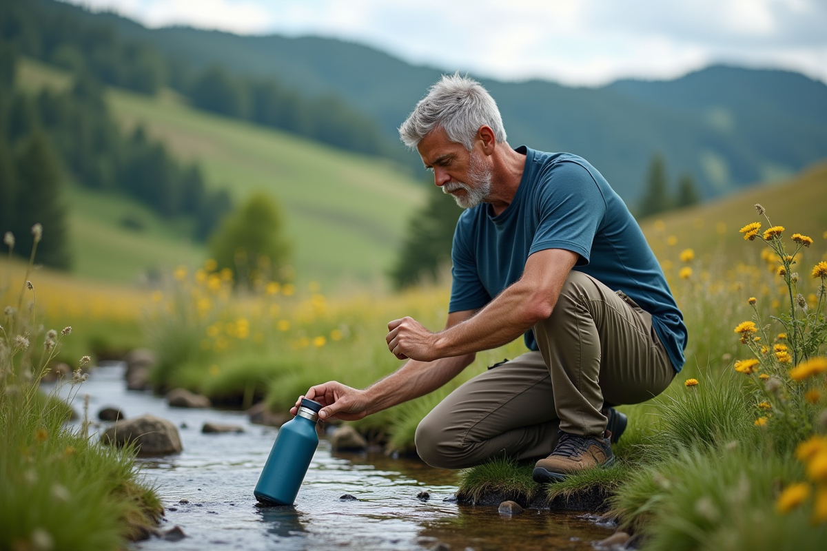 Homme remplissant sa gourde au ruisseau de montagne