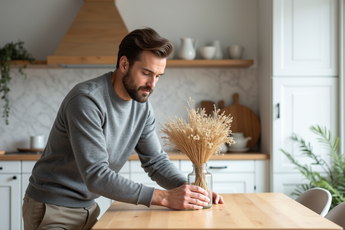 Homme arrangeant un bouquet de fleurs séchées dans une cuisine