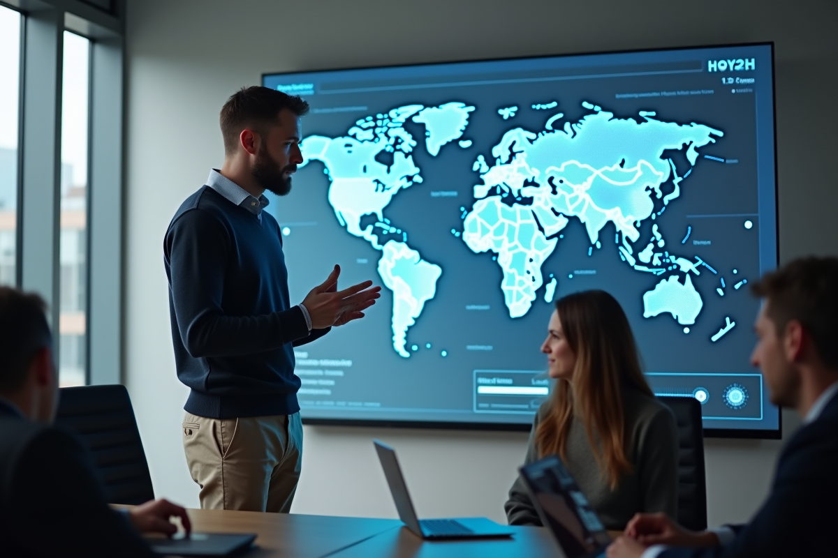 Homme expliquant un plan de securite avec ses collegues