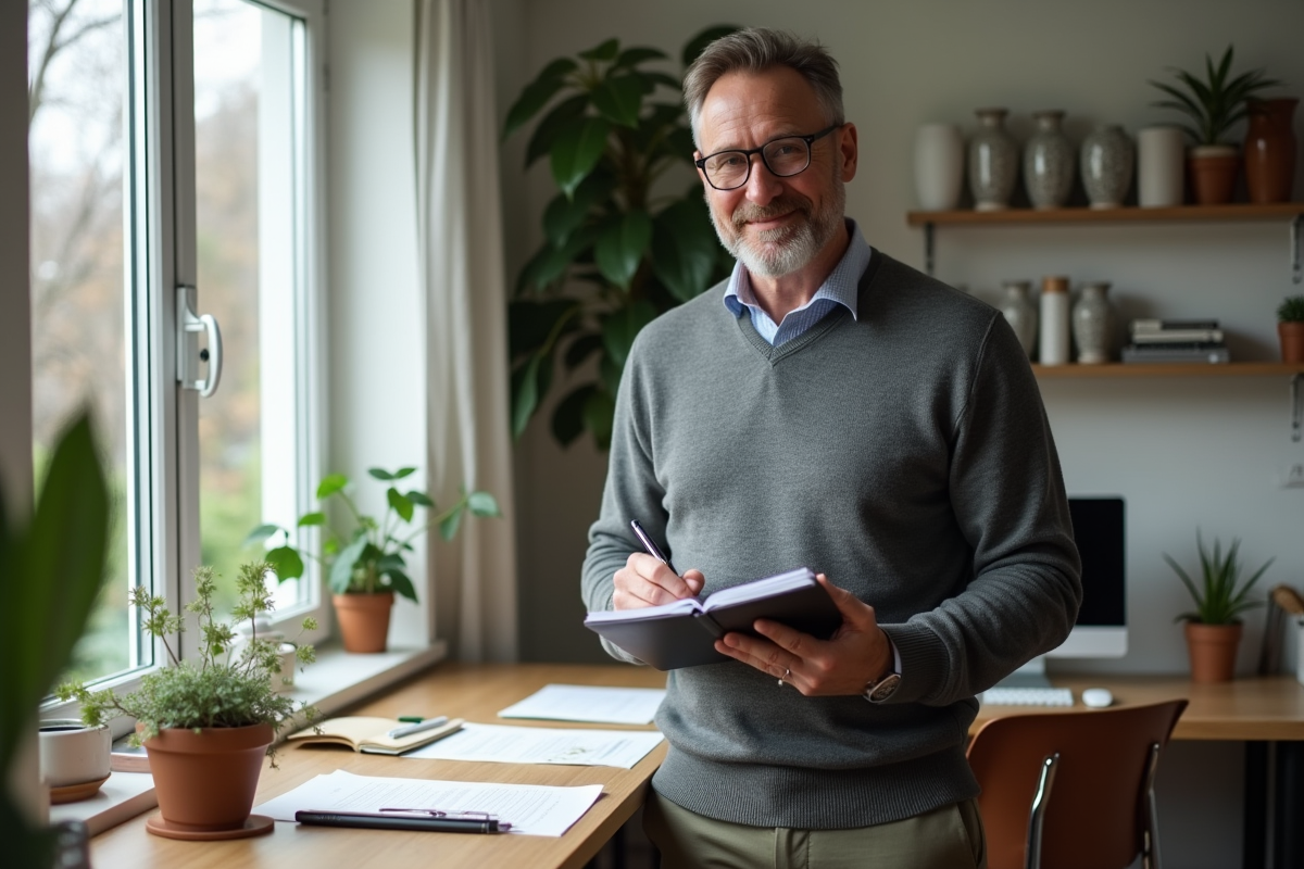 Homme pensif prenant des notes dans un bureau à domicile lumineux