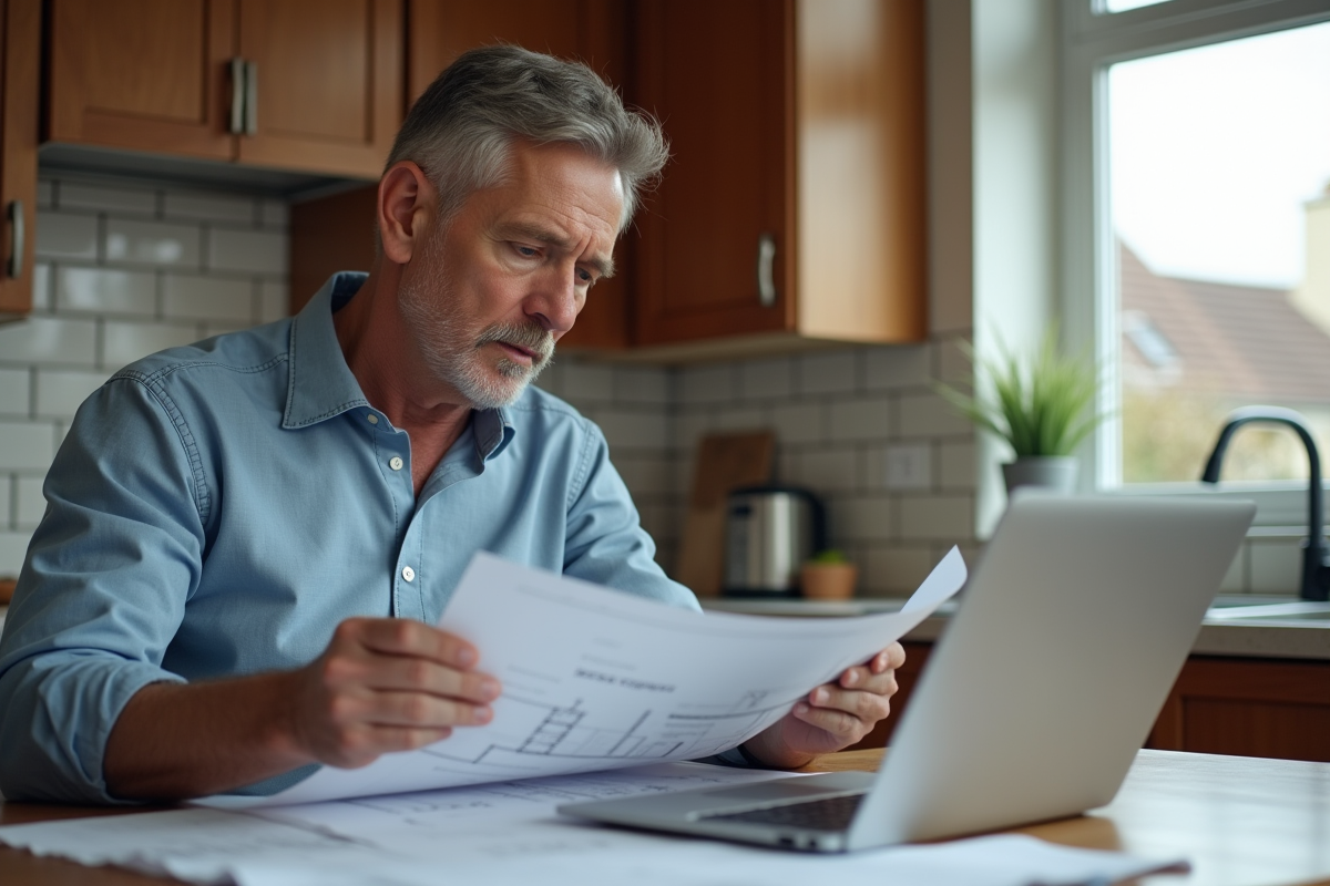 Homme en cuisine analysant des plans juridiques
