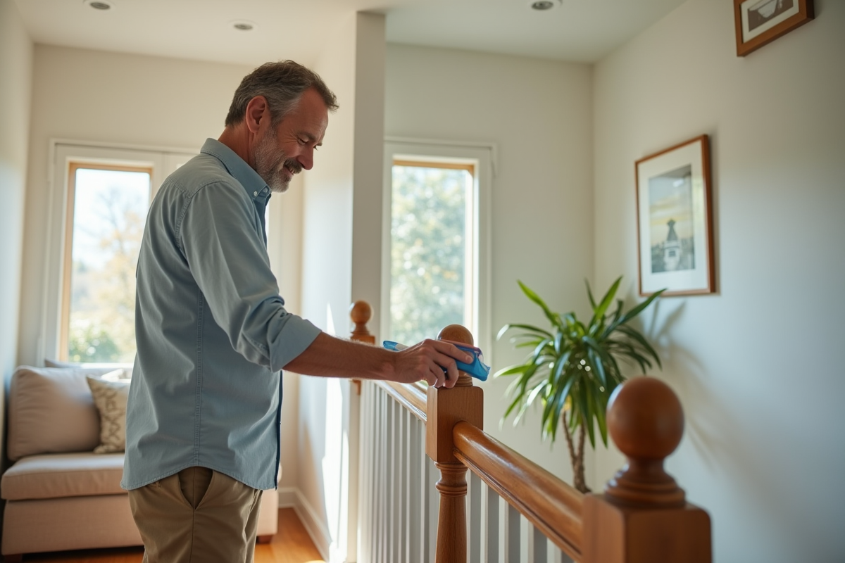 Homme désinfectant la rampe d