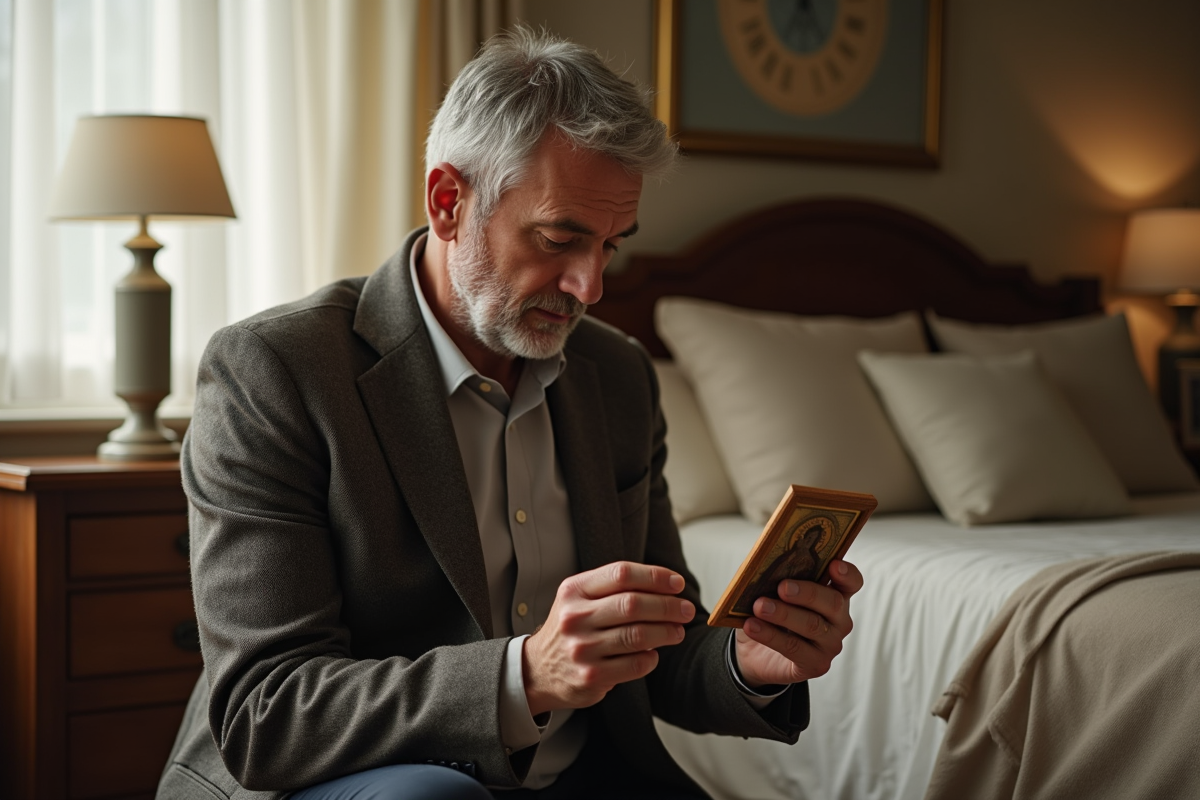 Homme priant dans une chambre chaleureuse