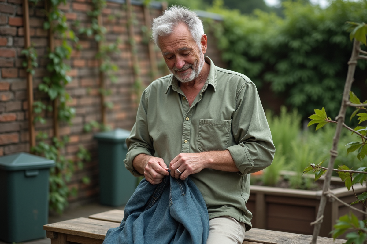 Homme répare une veste dans un jardin urbain avec murs végétaux