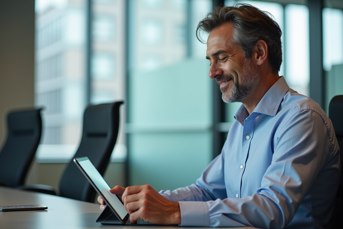 Homme en réunion avec tablette dans un espace professionnel