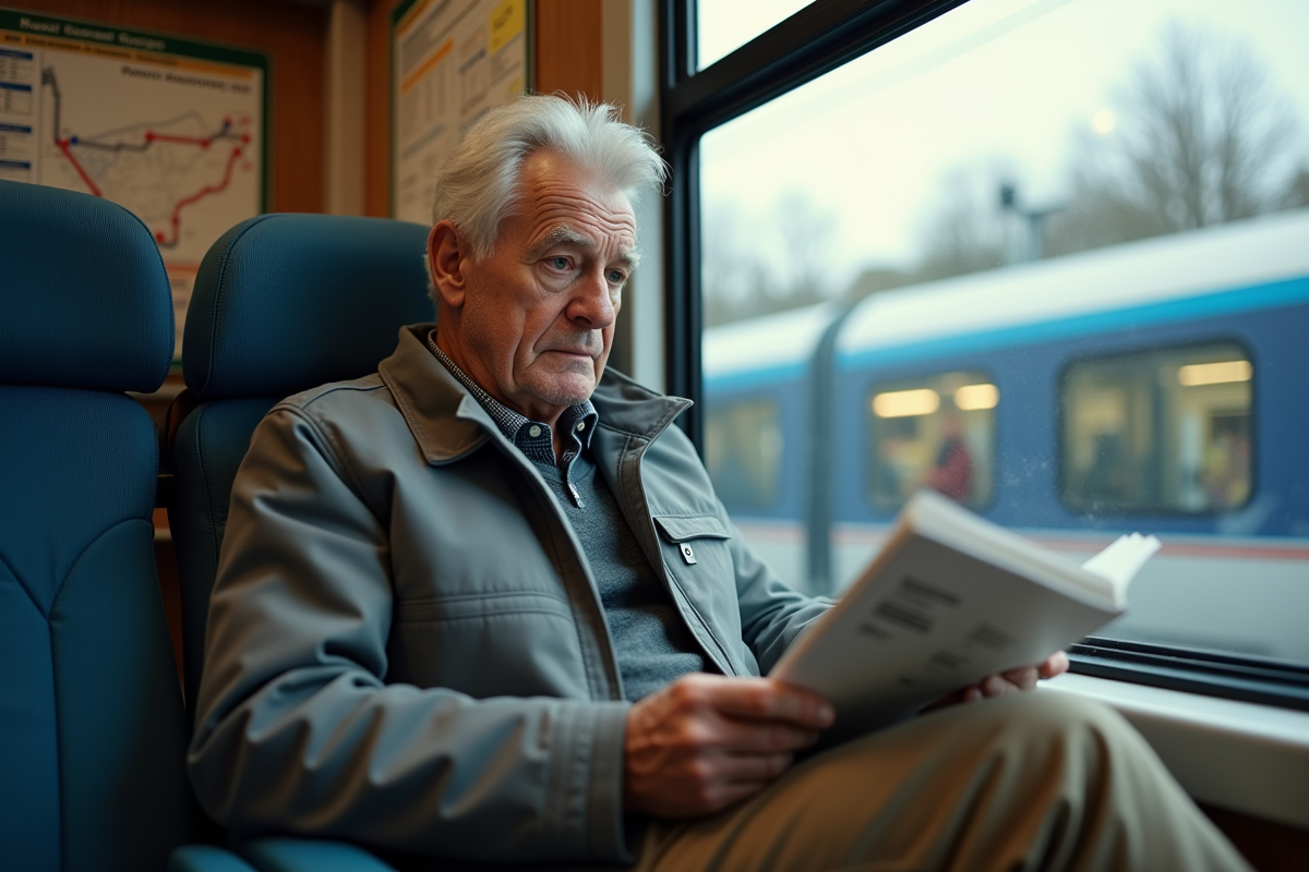 Homme âgé étudiant un horaire dans un train confortable