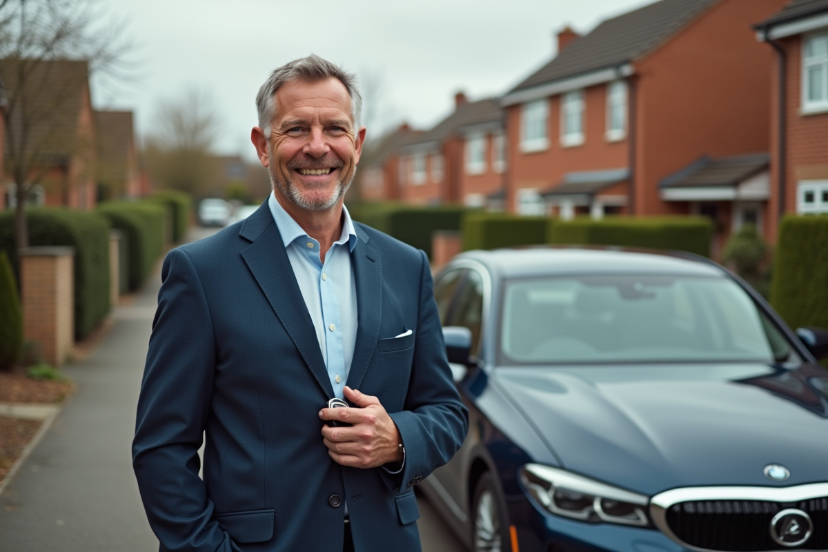 Homme souriant avec sa nouvelle voiture dans une rue résidentielle