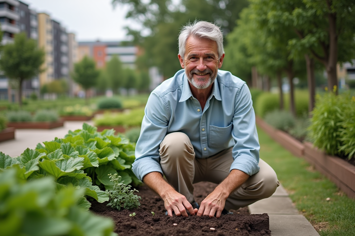 Homme plantant des herbes dans un jardin communautaire