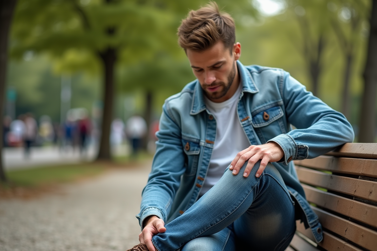Jeune homme assis sur un banc dans un parc urbain