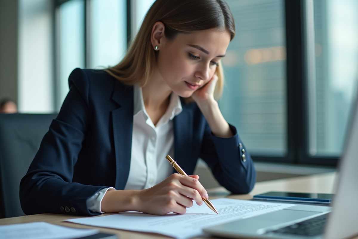 Jeune avocate en blazer navy examine un document legal