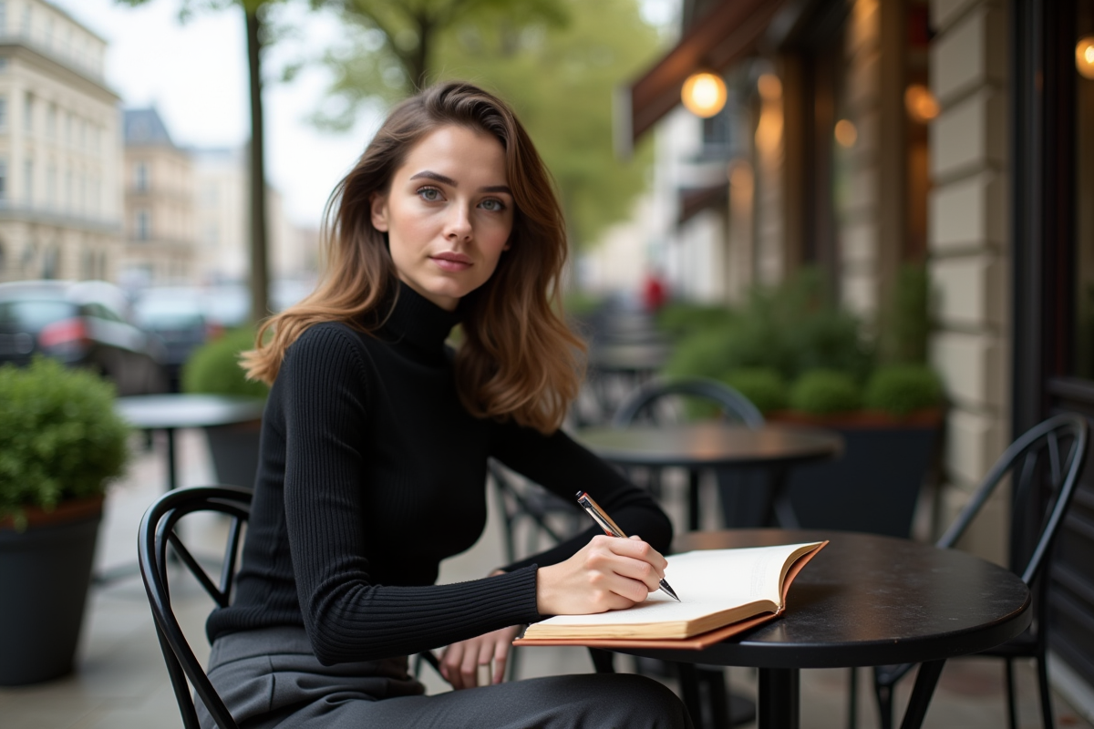 Jeune designer de mode esquissant dans un café en extérieur