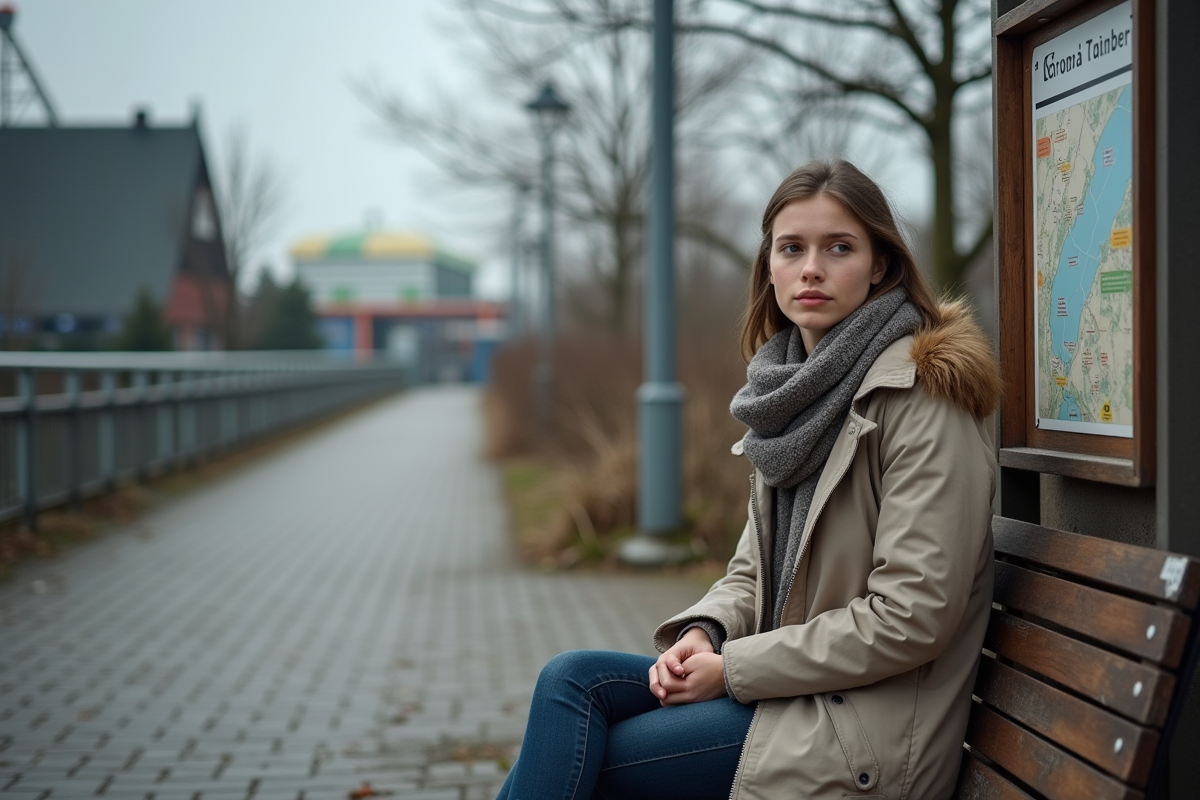Jeune femme assise sur un banc à Europa Park en saison morte