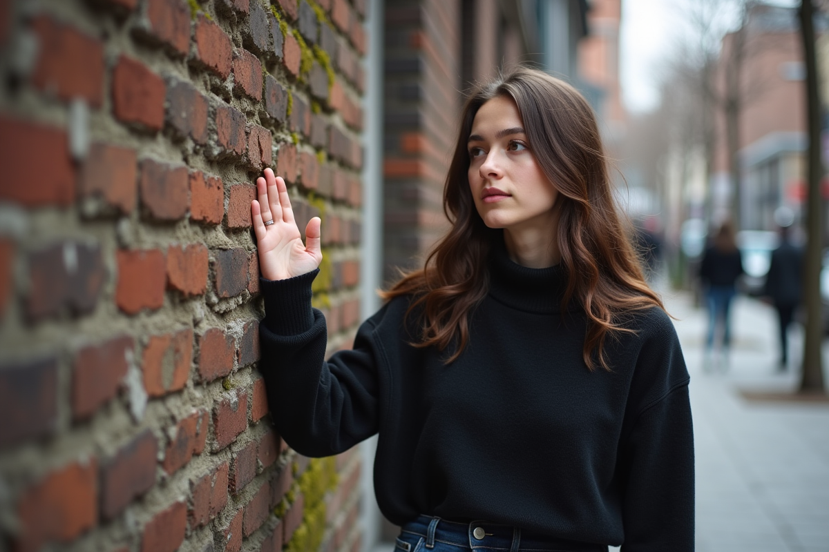 Jeune femme teste la texture d’un mur en briques anciennes