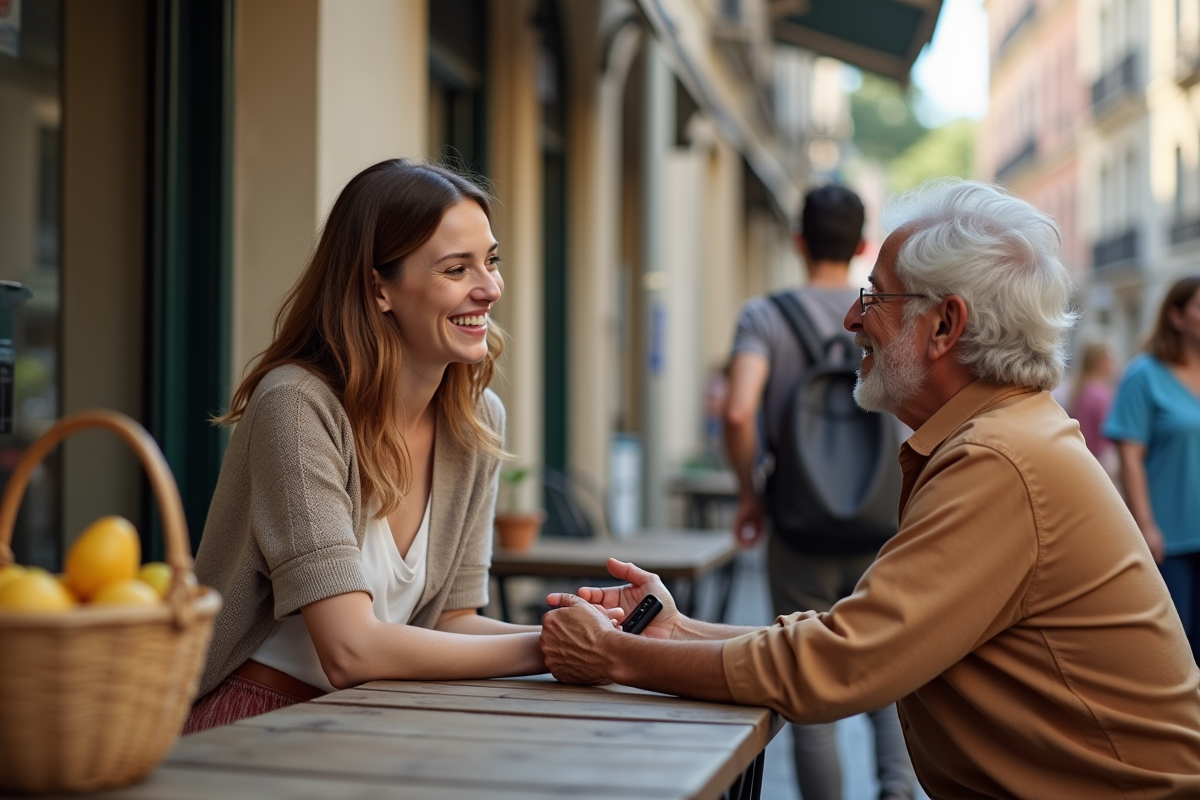 Jeune femme avec traducteur dans un café en ville