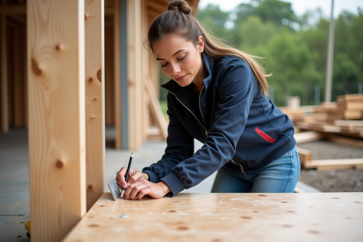 Jeune femme marquant un angle droit sur panneau en extérieur